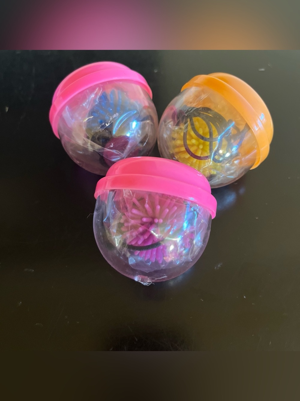 vintage 90s NIP plastic capsules w/small spiky sensory toys corded -set of 3